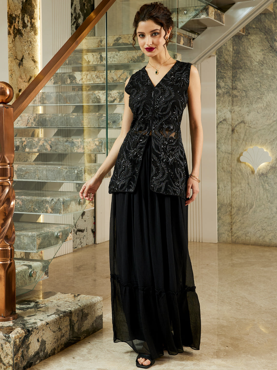 Women Emboridered Sequined Waistscoat & Skirt Co-Ord Set