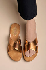 Shoetopia - Embellished Cross Strap Copper Flats For Women