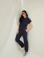 Women's Navy Ribbed Cotton Co-Ord Set