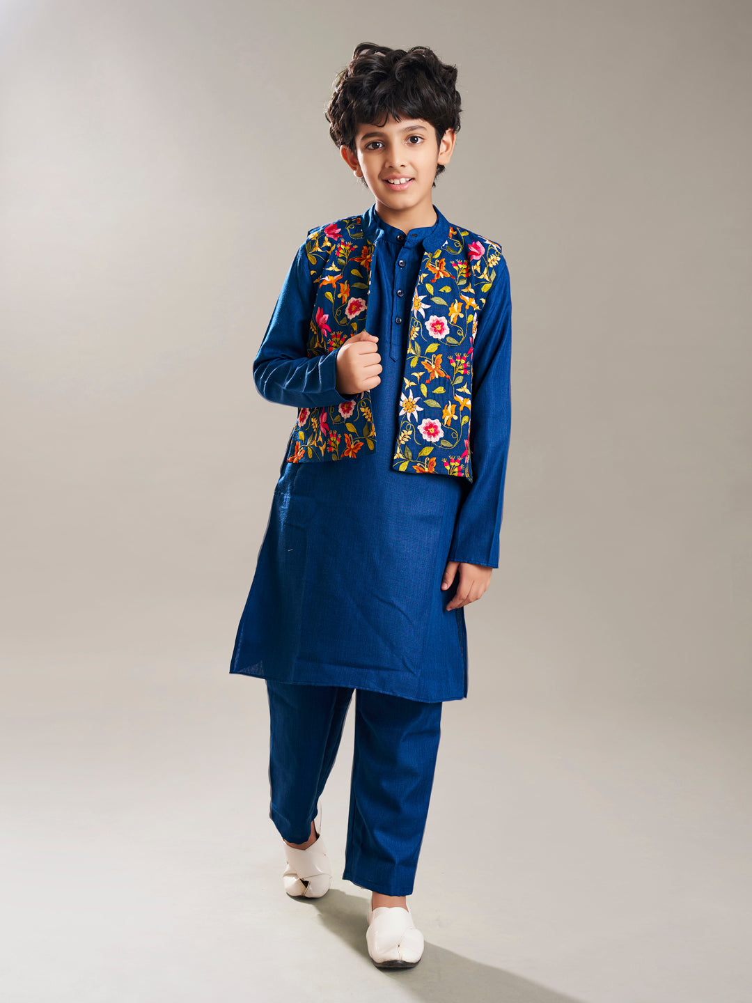 Boys blue kurta pajama with a blue embroidry jacket