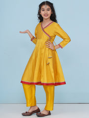 Solid Three-Fourth Sleeves Above Knee Length Silk Kurta With Trousers - Yellow