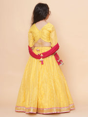 Girls Yellow Jacquard booti Lehenga Choli Ready to Wear with Pink Dupatta