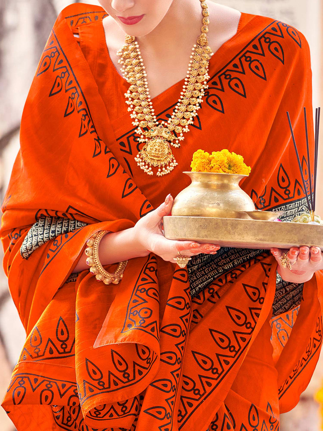 Women's Bhagalpuri Silk Orange Printed Designer Saree With Blouse Piece