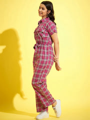 Girls Cotton Pink Checkered Jumpsuit