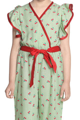 Girls Green and Red Cherry Jumpsuit with Flutter Sleeves