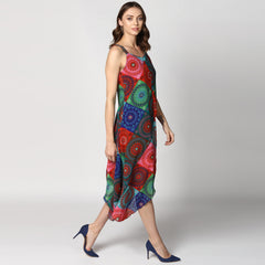 Women's Multi Colored Tile Print Asymmetric Dress