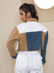 Women's Brown Denim Crop Jacket with Color Blocking patchwork detail