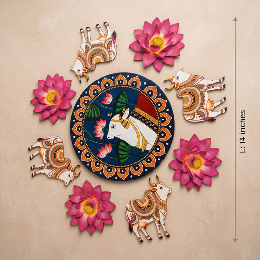 MDF Rangoli Set | Kamdhenu Cow & Lotus Pichwai Design | 9 Pcs