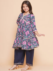 Girls Navy Blue Pink Floral Printed Kurta With Palazzos