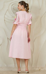 Embroidered Puff Sleeves Cotton Fit & Flare Midi Dress