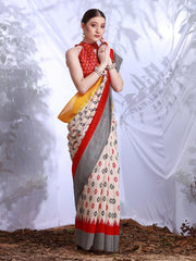 ساري نسائي من حرير بهجالبوري مطبوع باللون الكريمي بتصميم أنيق مع قطعة بلوزة