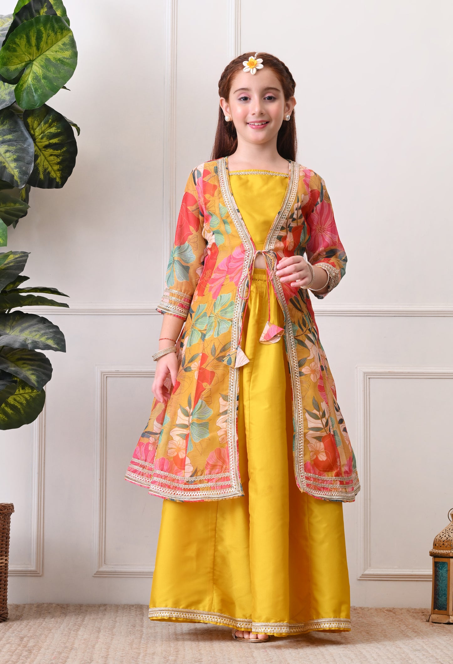Girls Mustard Yellow Lehenga Choli Set with Multicolor Floral Jacket
