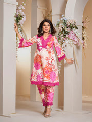 Off White Pink Multi Colour Floral Printed Kurta set.