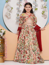 Girls Beige & Red Flower Printededed Ready to wear Lehenga & choli