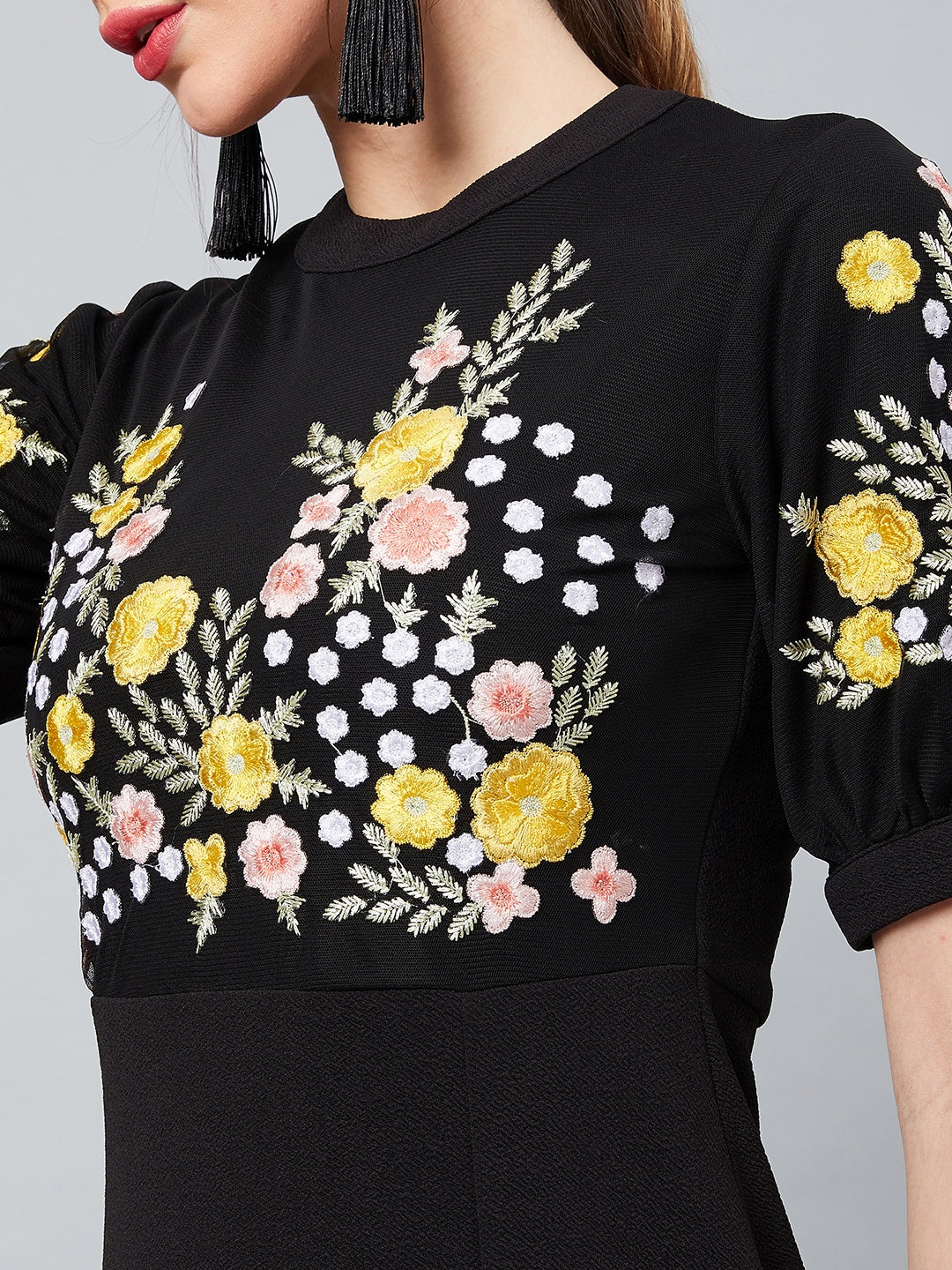 Black Embroidered Fit and Flare Dress