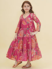 Silk Woven Half Sleeves Floral Print Fit And Flare Ethnic Dress With Jacket - Pink