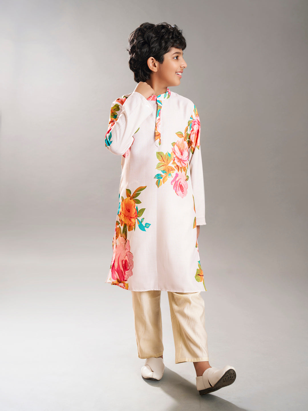Bittu By Bhama - Boys off white floral printed kurta with a off white pajama
