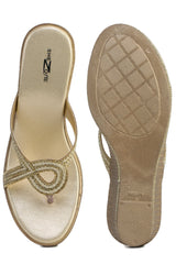 Gold Casual Wedge Open Back 3 inches Wedge Heels