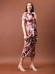Printed Satin Shirt Collar Shirt Midi Dress