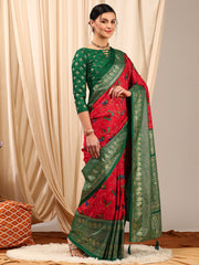 ساري نسائي أحمر مطبوع مطبوع من مزيج القطن مع قطعة بلوزة