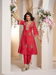 Red colour Embroiderd Anarkali Flared Kurta with Palazzos.