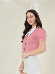 Women's Red Check Shirt with Pointed White Collar