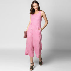 Women's Pink Stripe Jumpsuit with Cross Tie Up Back