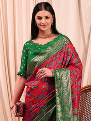 ساري نسائي أحمر مطبوع مطبوع من مزيج القطن مع قطعة بلوزة