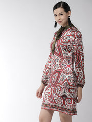 Stylestone - Women's Red Paisley Print Olive Necktie Dress