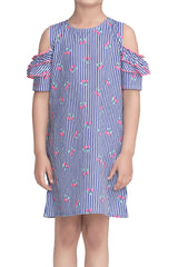 Cotton Blue Stripe and Cherry Print Cold Shoulder Dress with Ruffle Sleeve
