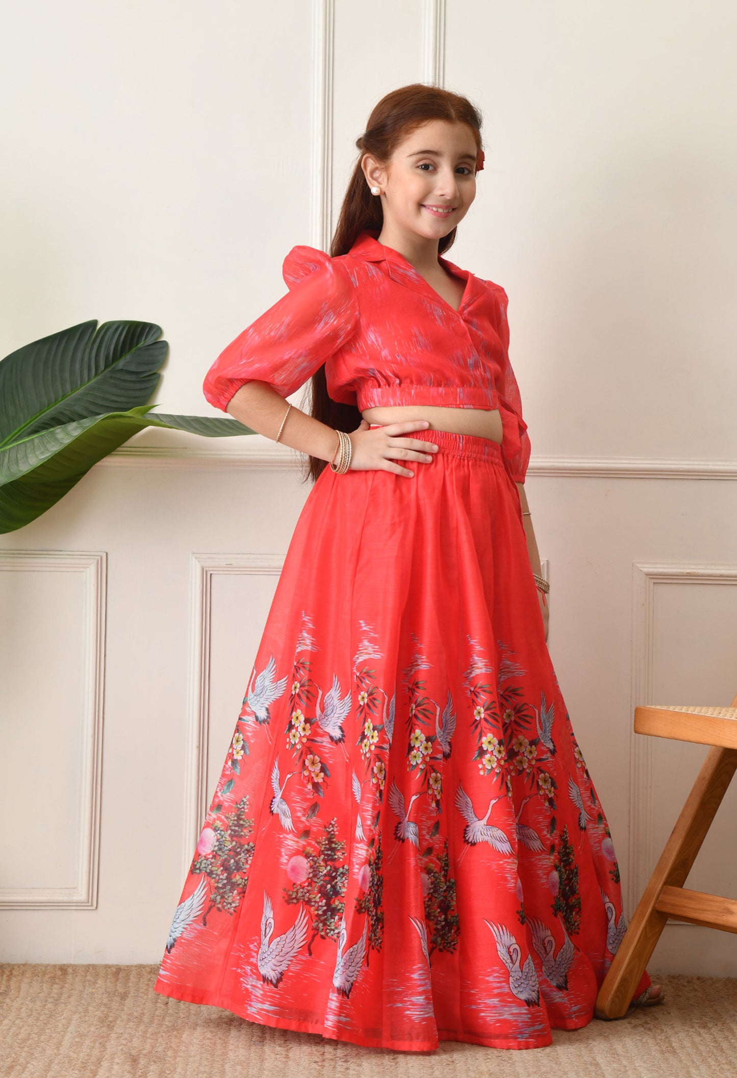 Girls Coral Red Swan Printed Crop Top and Skirt Set