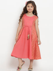 Cotton Blend Woven Sleeveless Foli Print Flared Frock - Peach