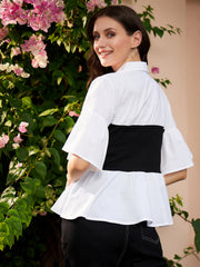White & Black Colourblocked Pure Cotton Peplum Top