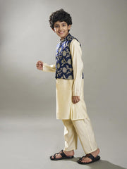 Boys off white kurta pajama with a blue jacquard jacket
