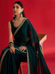 Women's Satin Teal blue Embellished Designer Saree With Blouse Piece