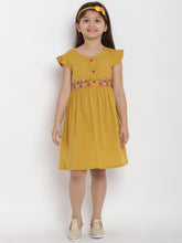 Cotton Blend Woven Half Sleeves Embroidered Flared Frock - Mustard