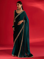 Women's Satin Teal blue Embellished Designer Saree With Blouse Piece