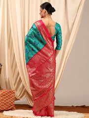 ساري نسائي أزرق مطبوع مطبوع من مزيج القطن مع قطعة بلوزة