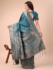 Banarasi Silk Saree with Silver Zari Woven Pallu & Border - Wedding & Festive Wear Elegance