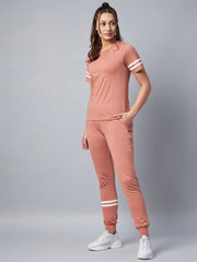 Women's Pink Striped Cotton Tracksuit Set