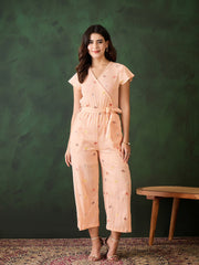 Women's Butterfly embroidered Peach Rayon Crepe Jumpsuit