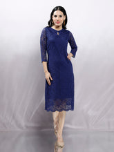 Navy Blue Keyhole Neck Lace Midi Sheath Dress