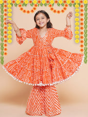 Placement Print Three-Fourth Sleeves Knee length Cotton Kurta With Sharara - Orange