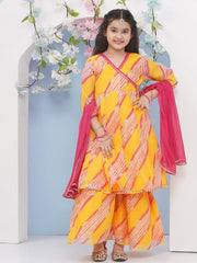Girls Yellow Leheriya Printed Angrakha Kurta with Sharara with dupatta