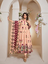 Peach Floral Printed Flared Tier Anarkali Kurta with Palazzos Dupatta.