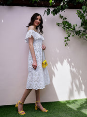 White Self Design Off-Shoulder Schiffli Flutter Sleeves Cotton Fit and Flare Dress