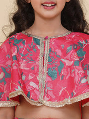 Girls Pink & Green Printed Choli Cape style Pink Ready to Wear Lehenga.