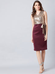 Burgundy & Brown Embellished Sheath Dress