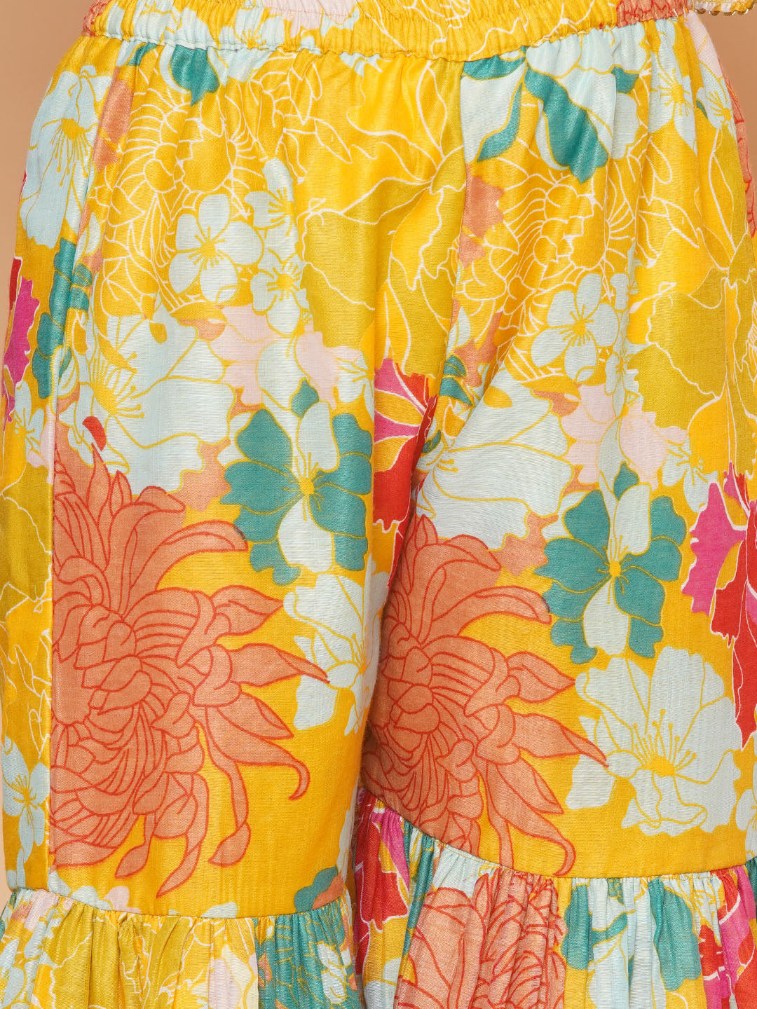 Bitiya by Bhama - Silk blend Woven Three-Quarter Sleeves Floral Print Flared Kurta And Sharara With Dupatta Set - Yellow