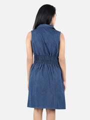 فستان جينز للبنات بخصر مطاطي وسحاب أمامي